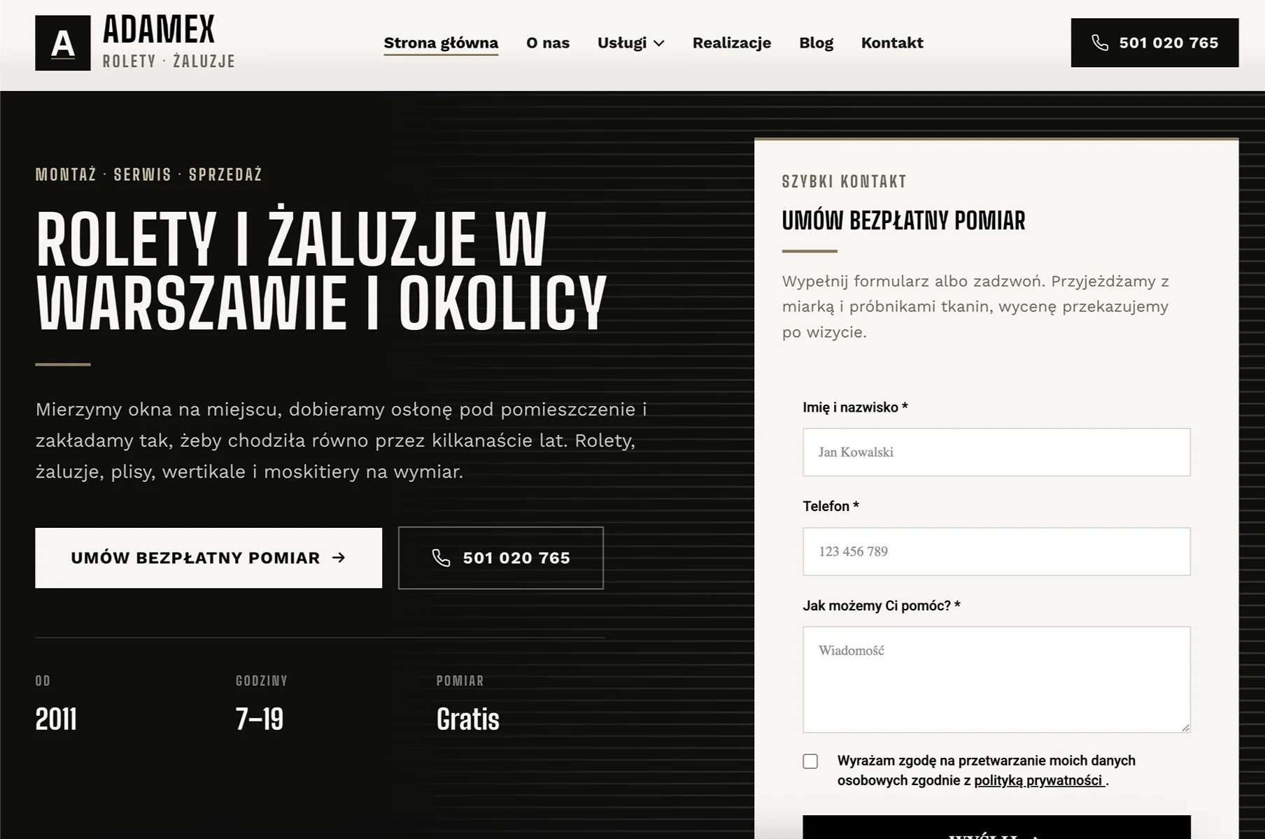 Zrzut strony głównej serwisu ADAMEX
