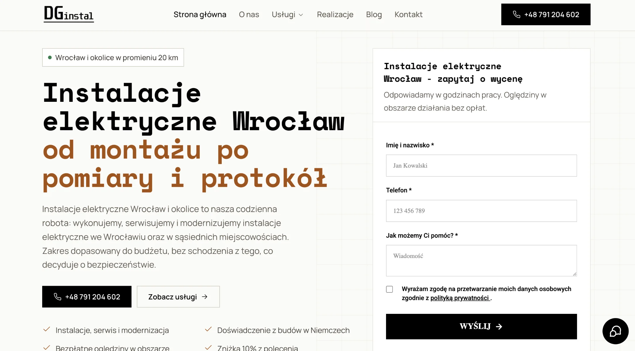 Zrzut strony głównej serwisu DGinstal-bud