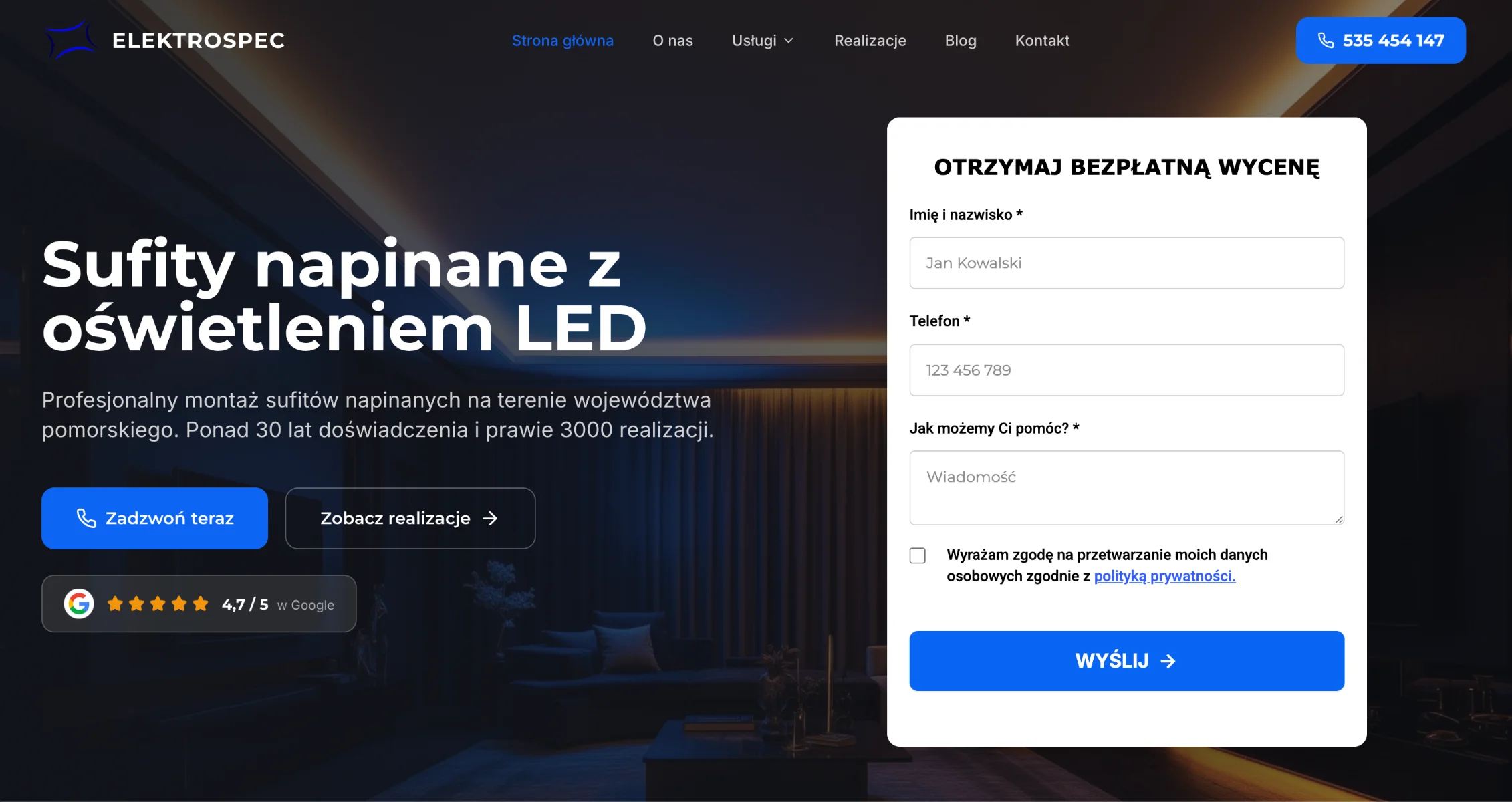 Zrzut strony głównej serwisu ElektroSpec