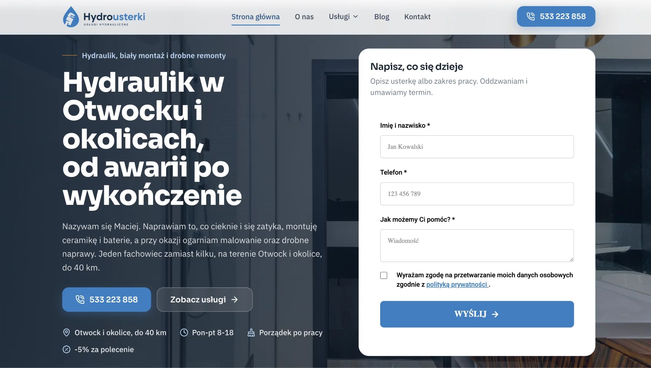 Zrzut strony głównej serwisu Hydrousterki