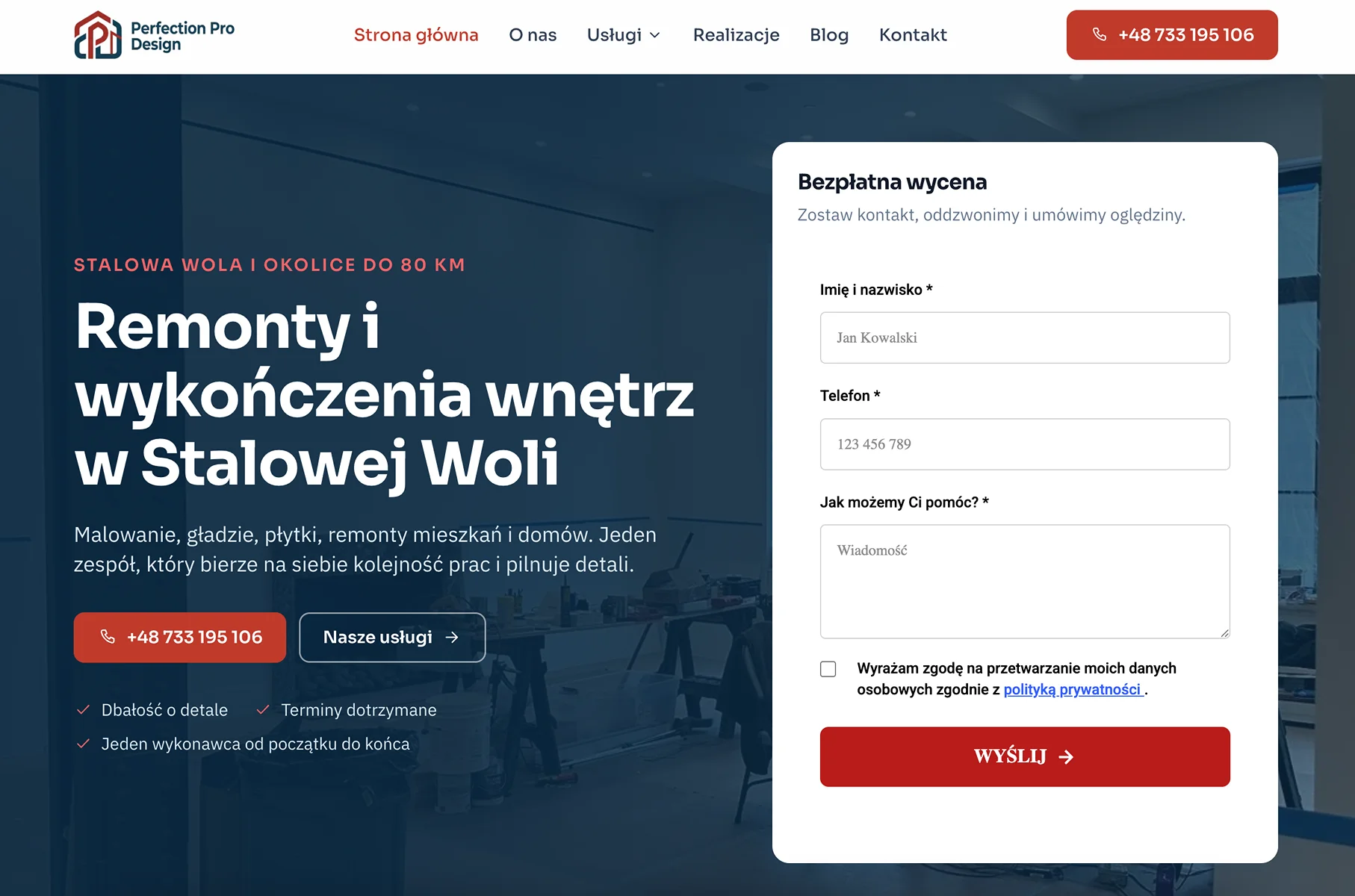Zrzut strony głównej serwisu Perfection Pro Design