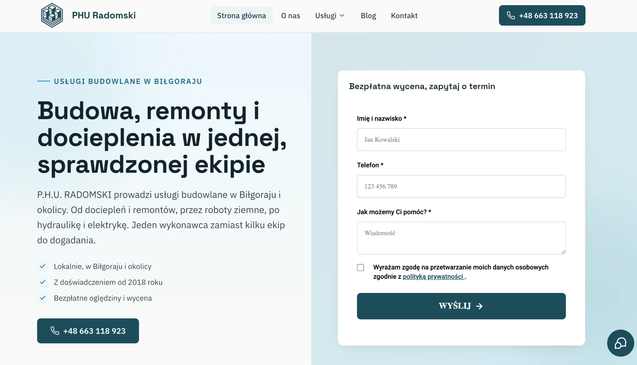 Zrzut strony głównej serwisu PHU Radomski