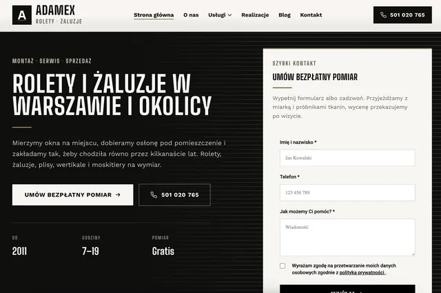Zrzut strony głównej serwisu ADAMEX