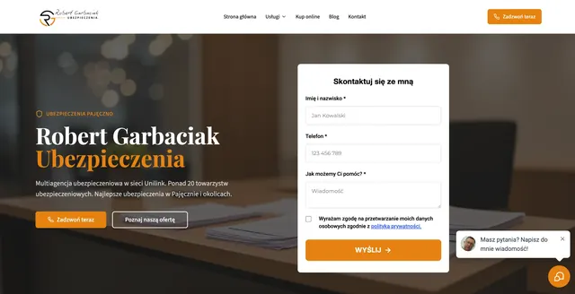 Zrzut strony głównej serwisu Garbaciak Ubezpieczenia