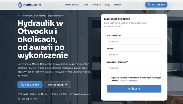 Zrzut strony głównej serwisu Hydrousterki