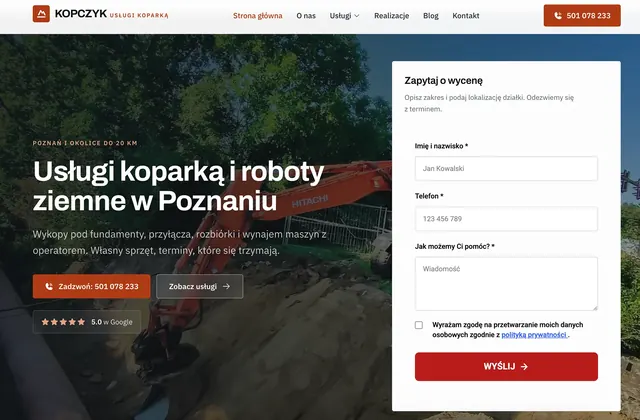 Zrzut strony głównej serwisu Usługi Koparką Poznań
