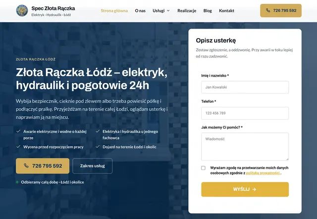 Zrzut strony głównej serwisu Złota Rączka Łódź