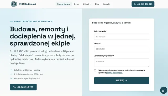 Zrzut strony głównej serwisu PHU Radomski