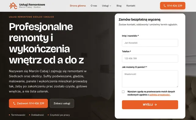 Zrzut strony głównej serwisu Usługi Remontowe MC