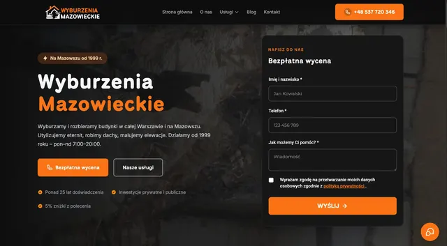 Zrzut strony głównej serwisu Wyburzenia Mazowieckie