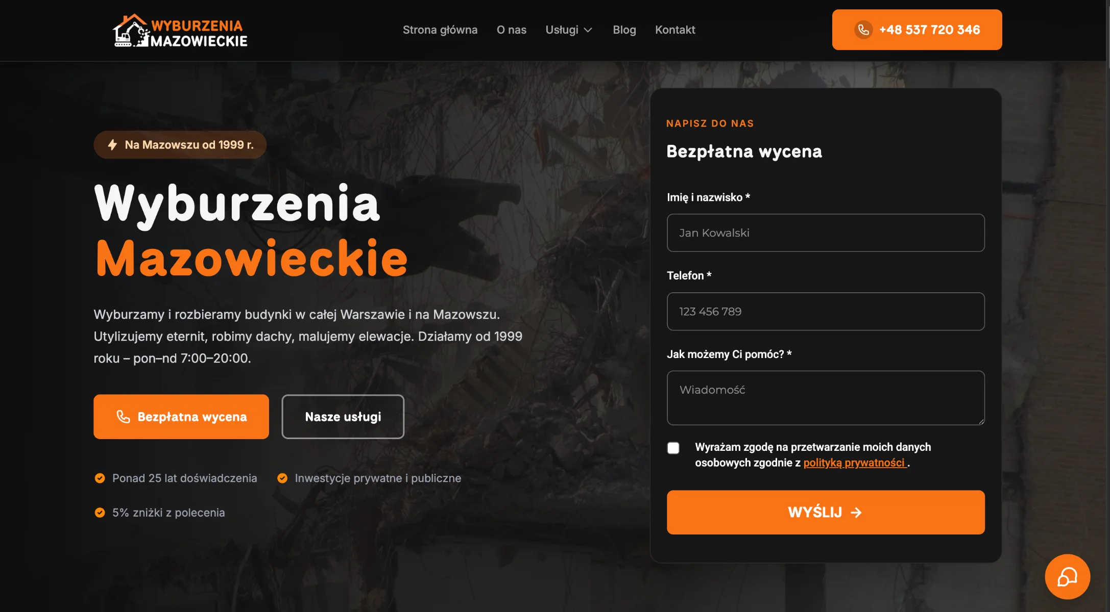 Zrzut strony głównej serwisu Wyburzenia Mazowieckie